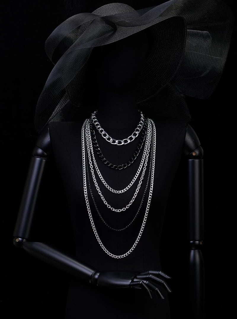 COOLSTEELANDBEYOND Statement Necklace Waterfall Multi-Strand Curb Link Rolo Chains, Punk Rock Cool, Light Weight - Image 1